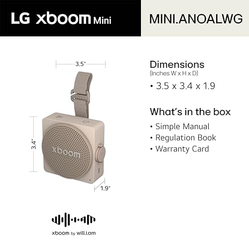 LG xboom Mini by will.i.am Portable Outdoor Bluetooth Speaker, up to 10 Hours, IP67 Dust and Water Resistant, Adjustable Hanging Strap, Warm Grey