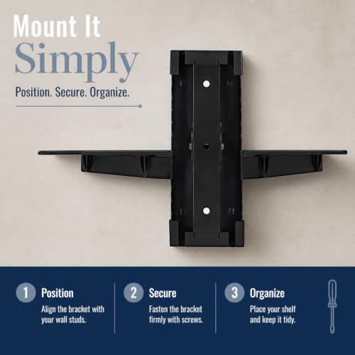 Mount-It! Floating TV Shelf, Tempered Glass, Aluminum Frame, Black - style: 1-shelf