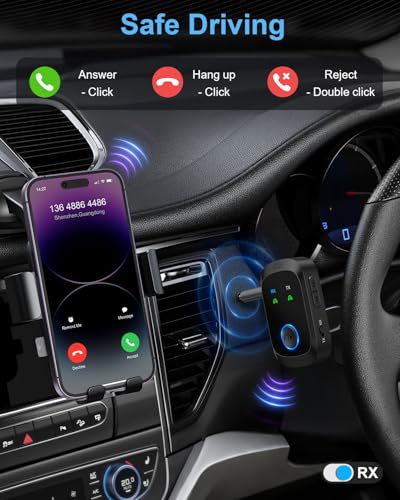 Aux Bluetooth 5.4 Adapter for Car, 2-in-1 Aux Bluetooth Transmitter and Receiver, Dual Link for 2 Headphones/AirPods, 12H Playtime, for PC, TV, Speaker, Airplane Travel