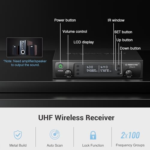 Phenyx Pro Wireless Microphone System, Dual Channel 100 UHF Metal Receiver, 328ft Range Auto Scan, Cordless Handheld & Bodypack & Lapel Mic Combo for Karaoke Church Speech PTU-71-1H1B | Quick IR Sync, Lapel Mic, 2 x 100 Frequencies, 328 ft Range, Karaoke,