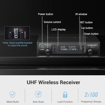 Phenyx Pro Wireless Microphone System, Dual Channel 100 UHF Metal Receiver, 328ft Range Auto Scan, Cordless Handheld & Bodypack & Lapel Mic Combo for Karaoke Church Speech PTU-71-1H1B | Quick IR Sync, Lapel Mic, 2 x 100 Frequencies, 328 ft Range, Karaoke,
