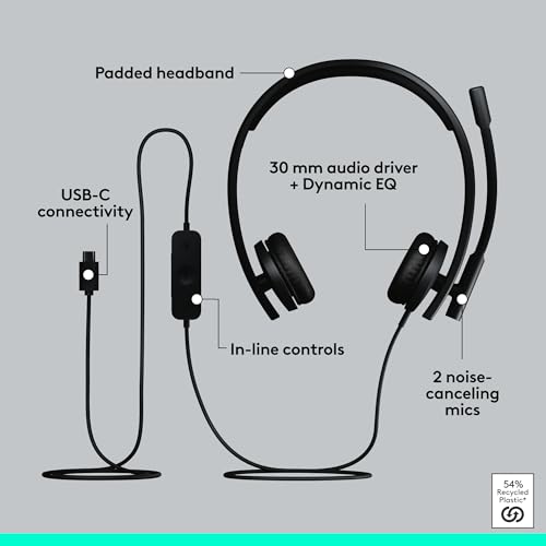 Logitech H570e USB-C Wired Headset with Microphone PC and Mac - Black | Stereo sound, inline controls, certified for Microsoft Teams, compatible with PC and Mac - size: Teams, style: Stereo