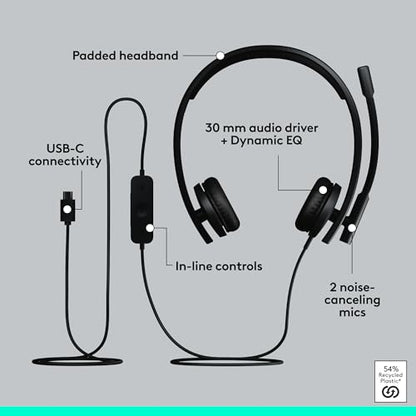 Logitech H570e USB-C Wired Headset with Microphone PC and Mac - Black | Stereo sound, inline controls, certified for Microsoft Teams, compatible with PC and Mac - size: Teams, style: Stereo