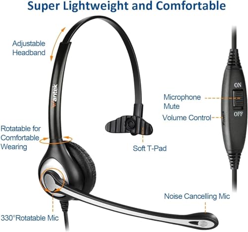 Wantek Cisco Phone Headset with Microphone Noise Cancelling & Mute Switch, RJ9 Telephone Headsets Compatible with Cisco Office Landline Phones 6851 6945 7841 7861 7942 7945 7961 7962 7965 8811 8841 - color: Black