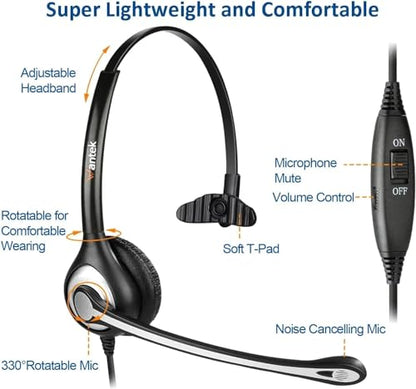 Wantek Cisco Phone Headset with Microphone Noise Cancelling & Mute Switch, RJ9 Telephone Headsets Compatible with Cisco Office Landline Phones 6851 6945 7841 7861 7942 7945 7961 7962 7965 8811 8841 - color: Black