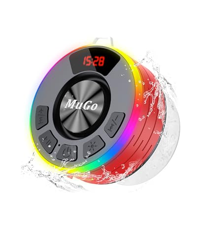 MuGo Shower Bluetooth Speaker Waterproof IPX7, 360° HD Stereo Sound Bathroom Speaker Bluetooth 5.3 with RGB Lights, Suction Cup and Microphone, Mini Shower Radio for Home/Party/Outdoor - color: Red