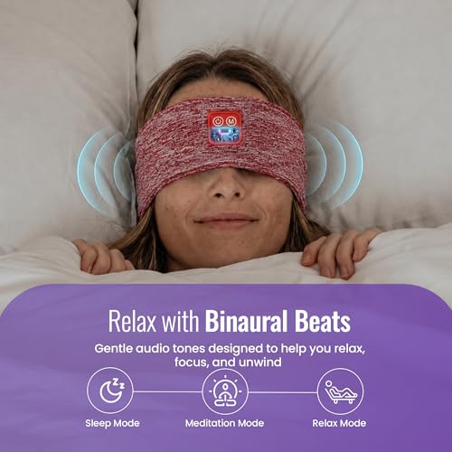 Wireless Binaural Beats Sleep Music Headband Earphones, Red | Earbuds Sleeping Eye Mask Thin HD Stereo Speakers Also for Workout, Running, Travel, Yoga, Ideal Gifts for Men Women Mom Dad - color: RED