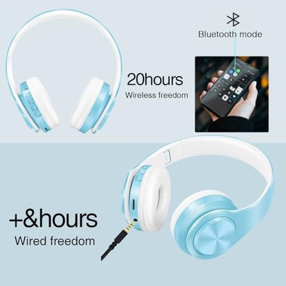 RAT TAIL V5.3 Bluetooth Headphones Over-Ear, Foldable Wireless and Wired Stereo Headset Micro SD/TF, FM for Cell Phone,PC,Soft Earmuffs &Light Weight for Prolonged Wearing (Blue) - color: Blue