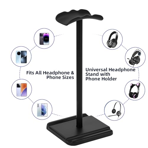 Headphone Stand, Headset Holder with Phone Holder for Desk Office Gaming | TPU-Padded Headrest, Aluminum Pole, Anti-Slip ABS Base, Universal Earphone Stand, 1 Pack Black - color: Black