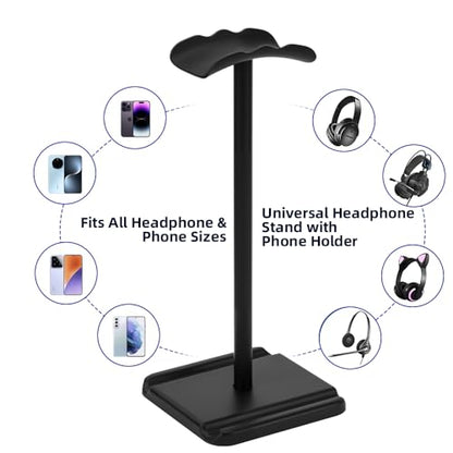 Headphone Stand, Headset Holder with Phone Holder for Desk Office Gaming | TPU-Padded Headrest, Aluminum Pole, Anti-Slip ABS Base, Universal Earphone Stand, 1 Pack Black - color: Black