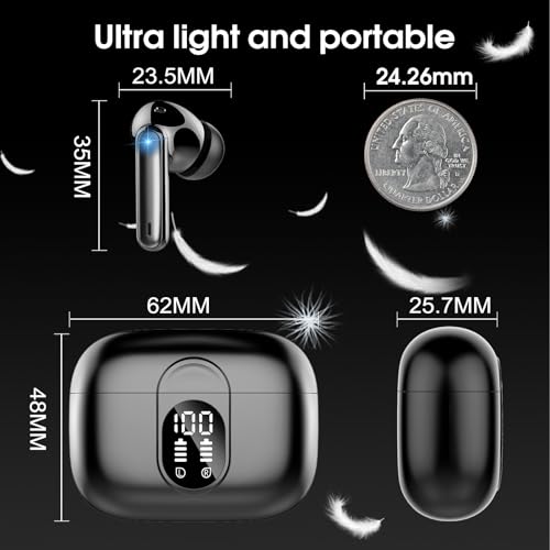 Csasan Wireless Earbuds Bluetooth 5.3 Headphones, 40H Playtime in-Ear Earphones, Mini Bluetooth Earbuds with ENC Noise Cancelling Mic, Deep Bass Stereo Ear Buds, LED Display, IPX7 Waterproof Earphones - color: Black