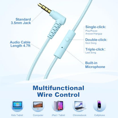 AILIHEN I35 Kids Headphones for School with Mic, 93dB Safe Volume, Lakeblue | Wired On Ear Headphones for Girls Boys, 3.5mm Foldable Lightweight for Classroom Chromebook, Laptop, Computer, Tablet - color: Lagoon Blue