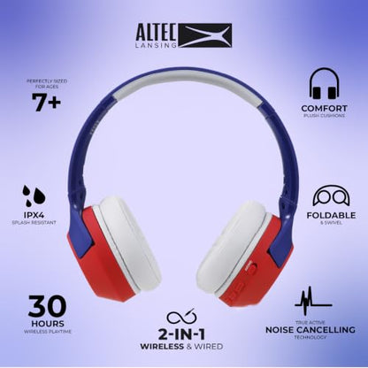 Altec Lansing Kid Safe Noise Cancelling Wireless Headphones 15H Battery, 85dB Volume Limit, Foldable Design Powerful Sound, Active Noise Cancellation Perfect for Kids Ages 7+ - color: Navy Blue Red