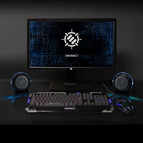 ENHANCE SL2 USB Classroom Speakers — 2.0 Stereo Sound System, 3.5mm Input, in-Line Volume Control, Compact for Desks, Laptops & Chromebooks — Perfect for School Labs & Classrooms (Blue LEDs)