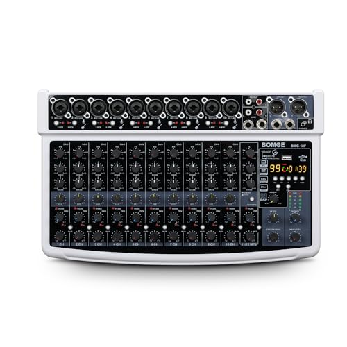 BOMGE 12 Channel Professional Audio Mixer, Bluetooth Studio Mixer with USB, 48V Power, XLR/RCA Inputs, 99 DSP Effects For Professional and Beginners (12F-W)