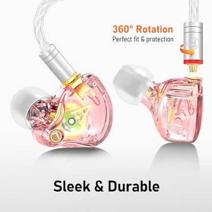 Audiovance Vibes 202ML HiFi 유선 이어버드, 아이폰 14/13/12/11/X, 프로 맥스용 | 마이크가 있는 인이어 헤드폰, 선명한 사운드, 딥 베이스, 소음 차단 이어버드, 실버 도금 코드, 편안한 핏, 케이스 - color: 4-핑크