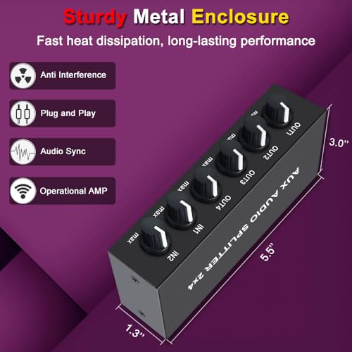 2 in 4 out 3.5mm Aux Audio Splitter Stereo Line Level Distributor Mixer with Independent Volume Control