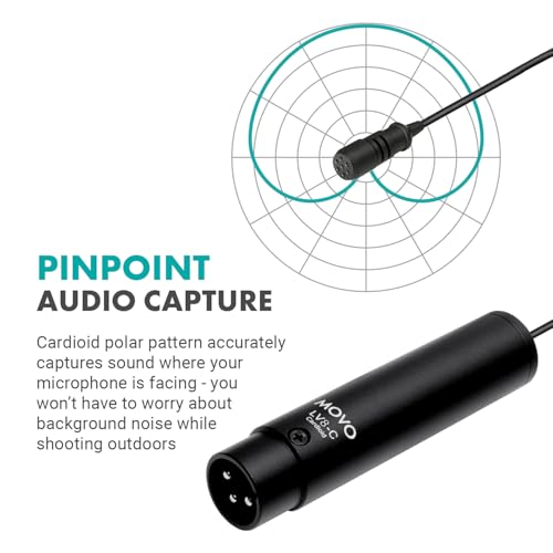 Movo LV8-C Broadcast-Quality XLR Lavalier Cardioid Condenser Wired Microphone with 12mm Mic Capsule for Accurate Voice Recording - Kit Includes Lapel Clip, Case and Windscreen