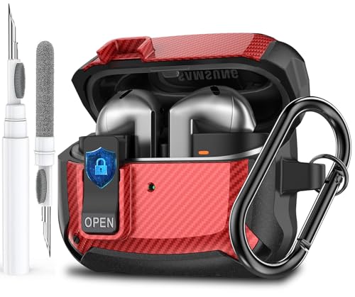 Galaxy Buds 3 Pro/3/3 FE Case Cover with Secure Lock Clip, Shockproof Samsung Galaxy Buds3/3 Pro 2024/3 FE 2025 Protective Hard Cover Shell with Carabiner&Cleaner kit for Men Women, CF Black/Red - color: AA-Black/Red