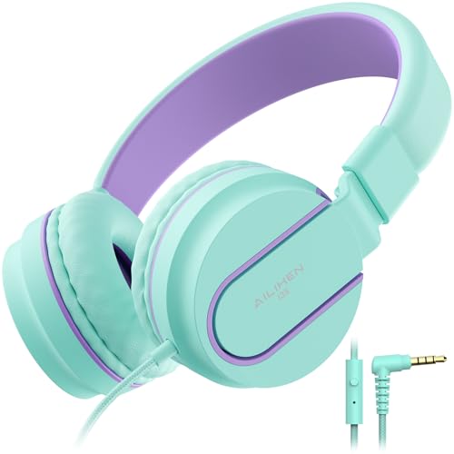 AILIHEN I35 Kids Headphones for School with Mic, 93dB Volume, Green Purple | Wired On Ear Headphones for Girls Boys, 3.5mm Foldable Lightweight for Classroom Chromebook, Laptop, Computer, Tablet - color: Blue