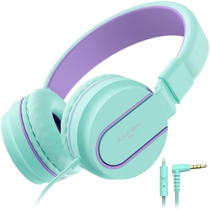 AILIHEN I35 Kids Headphones for School with Mic, 93dB Volume, Green Purple | Wired On Ear Headphones for Girls Boys, 3.5mm Foldable Lightweight for Classroom Chromebook, Laptop, Computer, Tablet - color: Blue