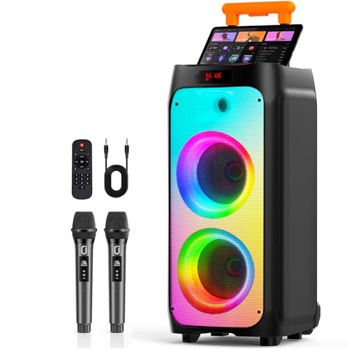 Karaoke Machine with 2 Wireless Microphones, Big Bluetooth Party Speaker with 500W Peak Power for Adults, PA System with Rolling Wheels and Trolley, Perfect for Outdoor, Home Party, Gatherings - color: BLACK