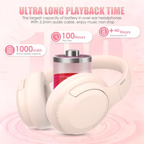 Active Noise Cancelling Headphones, Over-Ear Headphones Pink | Wireless Blutooth Headphones with100H Playtime, Built-in Microphone, Lightweight & Foldable, Deep Bass for Work/Gym/Travel - color: Pink