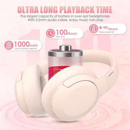 Active Noise Cancelling Headphones, Over-Ear Headphones Pink | Wireless Blutooth Headphones with100H Playtime, Built-in Microphone, Lightweight & Foldable, Deep Bass for Work/Gym/Travel - color: Pink