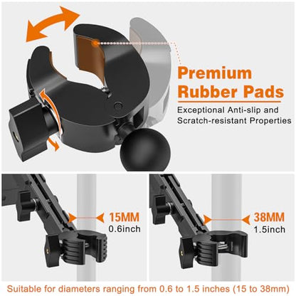 iPad Mic Stand Mount, 360 Rotation Tablet Holder for Microphone Music Stand with 5.9 Inch Metal Arm, Super C Clamp for 0.6-1.5" Diameter Rods, Compatible with All 4.7-13.5" Tablets & Smartphones
