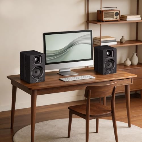 LARKSOUND Active Bookshelf Speakers for Turntable, Powered PC Desktop & TV Audio, Aluminum Horn Tweeter, 4" Woven Glass Fiber Woofer, Built-in Amp, BT/Opt/ARC/AUX/USB, Black - color: Black