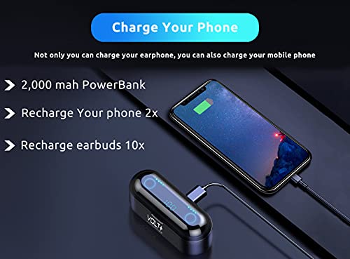 Wireless V5.3 Bluetooth Earbuds Compatible with Apple iPhone 16/16E/16 Pro/16 Pro Max/16 Plus 2,000Mah PowerBank LED 8D Bass Mic IPX7 Waterproof/Sweatproof - color: BLACK + POWERBANK