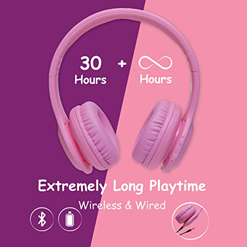 PowerLocus PLED Kids Bluetooth Headphones, Kids Wireless Headphones with LED Lights, 74/85/94dB Safe Volume, Micro SD, AUX Cable, Hi-Fi Stereo, Built-in Mic Over Ear Kid Headphone for Travel/Tablet/PC - color: Pink