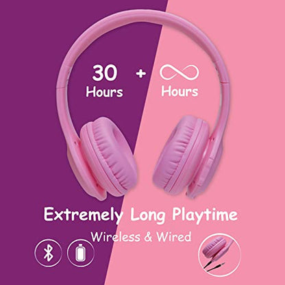 PowerLocus PLED Kids Bluetooth Headphones, Kids Wireless Headphones with LED Lights, 74/85/94dB Safe Volume, Micro SD, AUX Cable, Hi-Fi Stereo, Built-in Mic Over Ear Kid Headphone for Travel/Tablet/PC - color: Pink