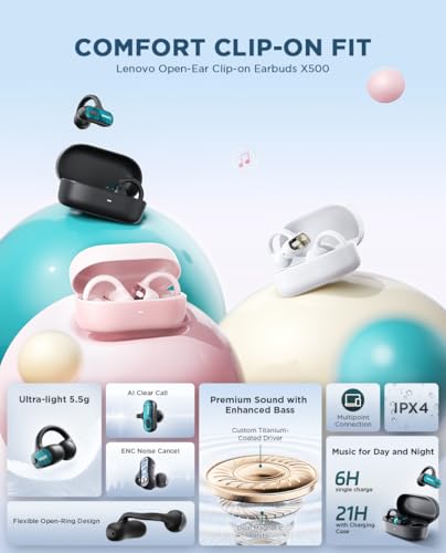 Lenovo Open Ear Clip On Earbuds X500 Bluetooth 6.0 Wireless Earbuds with 11 mm Drivers, Open Ear Ergonomic Design, Dual Device Connectivity, Built in Mic, Fast Charge, White - color: White