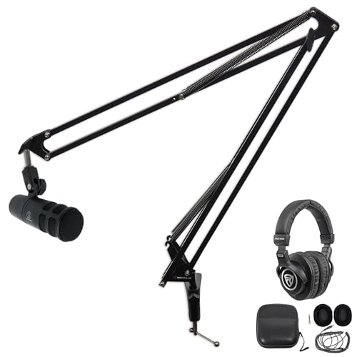 Audiosavings Bundle: Audio-Technica AT2040 Hypercardioid Dynamic Broadcast Podcast Microphone Bundle with Rockville PRO-M50 Studio Headphones and Rockville DMS40 40" Microphone Boom Arm (3 Items)