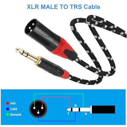 XLR Male to 1/4 (6.35mm) TRS Mono Jack Microphone Cable, 6.6 FT, 2 Pack, Black and White Grid Protective Layer, Balanced 3 Pin to Quarter inch TRS Plug, Pure Copper and Plated Conductors - size: 6.6 FT 2 Pack, style: B/W 6.35 to XLR male