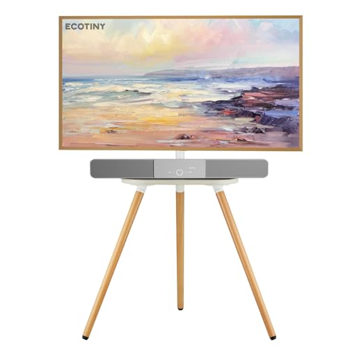 Tripod TV Stand for 43-65" TVs, Swivel, White | Height-adjustable easel TV stand, wood media shelf, cable management and VESA up to 400x400 - color: White, size: 43–65 Inch TVs
