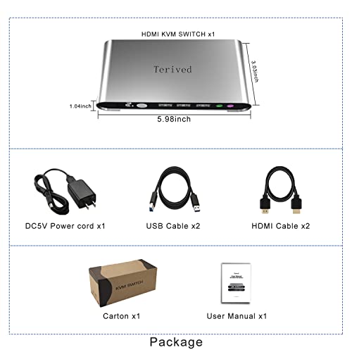 2 Port HDMI USB 3.0 KVM Switch with Aluminum Alloy Shell and Digital Display,Audio/Microphone, 4K@60Hz,hotkey,Auto EDID, HDR10 with Cables - style: 2 Computers 1 HDMI Monitor USB 3.0