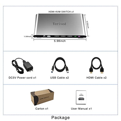 2 Port HDMI USB 3.0 KVM Switch with Aluminum Alloy Shell and Digital Display,Audio/Microphone, 4K@60Hz,hotkey,Auto EDID, HDR10 with Cables - style: 2 Computers 1 HDMI Monitor USB 3.0
