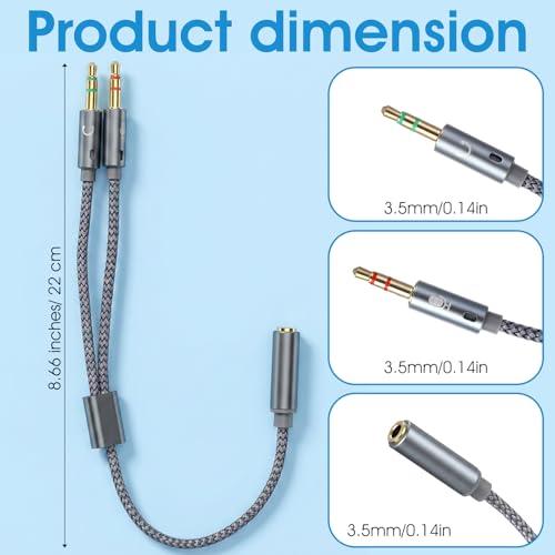 2PCS Headphone Mic Splitter, 3.5mm TRRS Female to Dual Male TRS Adapter