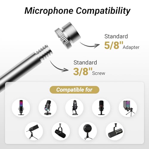 Tonor Mic Arm Desk Mount, Low Profile Boom Arm, Microphone Arm, Adjustable Mic Stand with Desk Mount Clamp, 3/8’’ and 5/8’’ Screwadapter for Most Mic, 37 cm +37 cm(14.6''+14.6''), White, T40LP - color: White, style: Invisible Spring