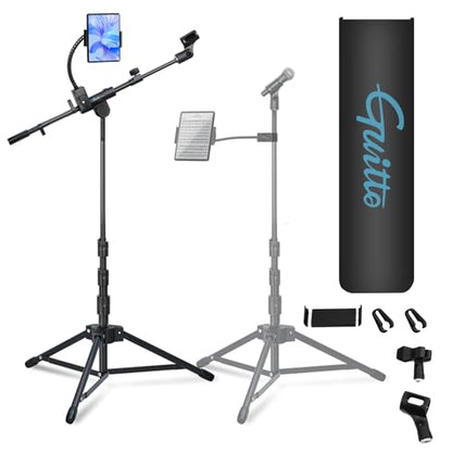 Microphone Floor Stand with Phone/Tablet Holder, Adjustable Boom Mic Stand with Heavy-Duty Base, Dual Device Mount for Streaming, Podcasting, Recording, and Live Performances GMS-04