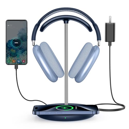 Miroddi Headphone Stand with Wireless Charger, Independent USB Charging Port, 5 in 1 Charging Station Headset Holder Rack for iWatch, iPhone, Samsung and Desk All Headphones, Dark Blue - color: Dark Blue