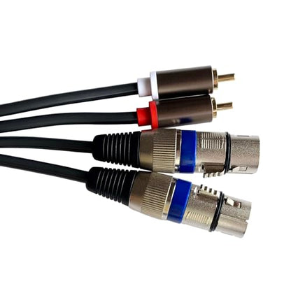 Dual XLR Female to Dual RCA Male HiFi Stereo Audio Cable 5ft | Dual female XLR to dual male RCA, splittable. Gold-plated connectors, alloy shells. Copper wire, PVC shield, noise-free. 5ft.