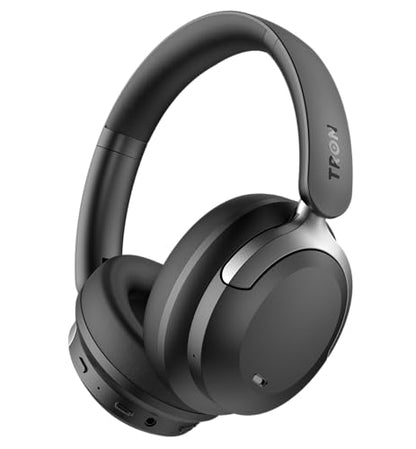 TRON Hybrid Active Noise Cancelling Wireless Headphones, Over-Ear Bluetooth Headphones with Spatial Audio, 60H Battery Life, Transparency Mode, Foldable Design, Travel Case Included (TR110)/Black