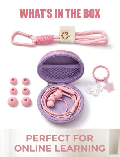 Glitter Pink Teens Wired Earbuds with Case, 3.5mm Headphones for School | GOGOSINIS Wired Student Earbuds with Glitter Pink Case, Braided Lanyard Wristlet & Star Keychain Charm, For School backpacks - color: Glitter Pink