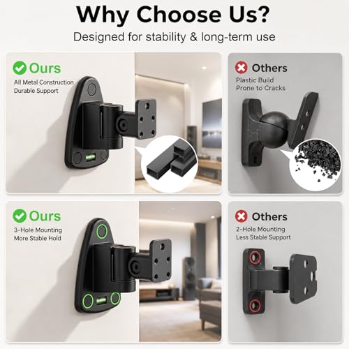 Universal Speaker Wall Mount for Speakers, Vertical 120°, Horizontal 180°Adjustment, Holds up to 30lbs, Compatible with Samsung , LG, Bose, JBL, KEF, Klipsch, Sony, Vizio & Others (2 Packs Black)