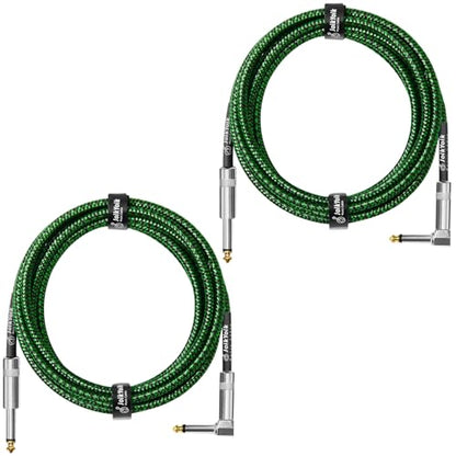 Guitar Cable 10ft 2-Pack, Tweed Cloth Braided Instrument Cable, TS 1/4 Inch Angled to Straight, for Electric Guitar/Bass/Amp, Black & Green - color: Green, size: 10ft