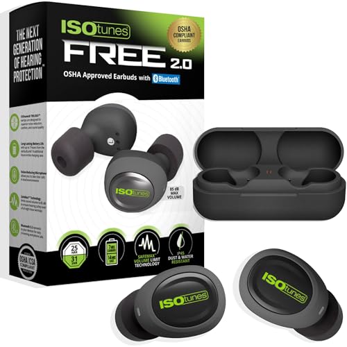 ISOtunes Free 2.0 Bluetooth Hearing Protection, OSHA Compliant Work Earbuds | 25 dB NRR, wireless earplug headphones, OSHA approved, true wireless Bluetooth, designed for work - color: Matte Black
