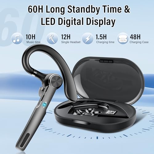 Bluetooth Headset, 2026 Wireless Bluetooth 5.3 Earpiece, 60Hrs Single-Ear Headset with Mute Button, Dual Noise Cancelling Mics, IP7 Waterproof Hands Free Headphone for Trucker, Business, Gray Black